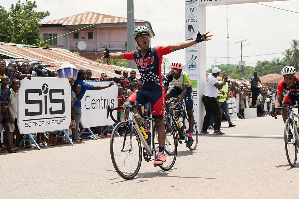A jubilant celebration from Moses L Kamara as he crosses the line first on Stage 3.