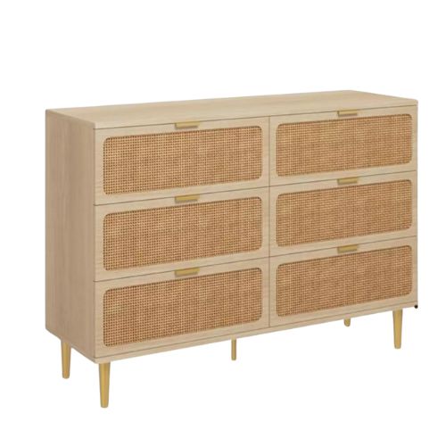 Rattan 6 Drawer Dresser with Wide Top