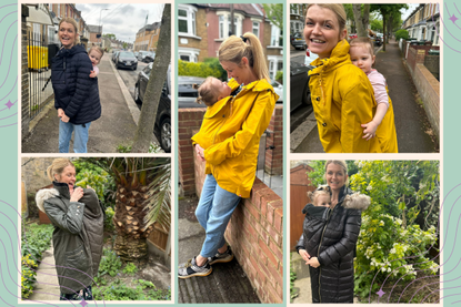 Best babywearing coats: our tester and editor, Anna Bailey, wearing babywearing coats
