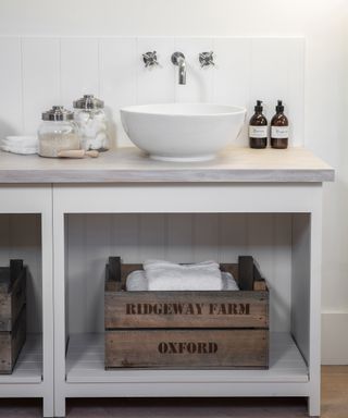Sink side with wooden storage box by Garden Trading