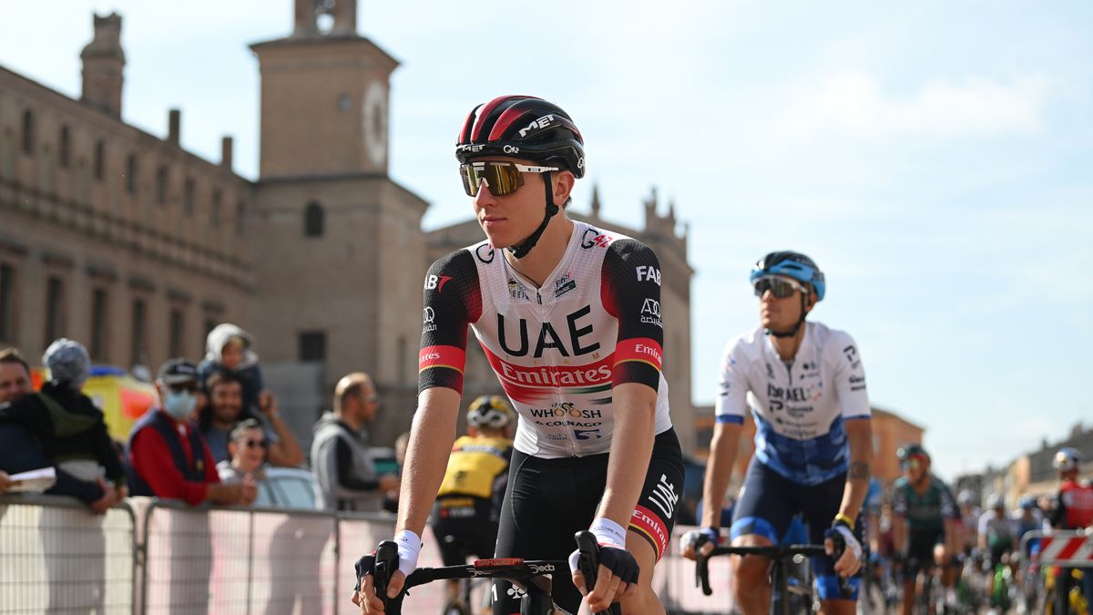 Tadej Pogacar on his bike at the Giro d&#039;Italia