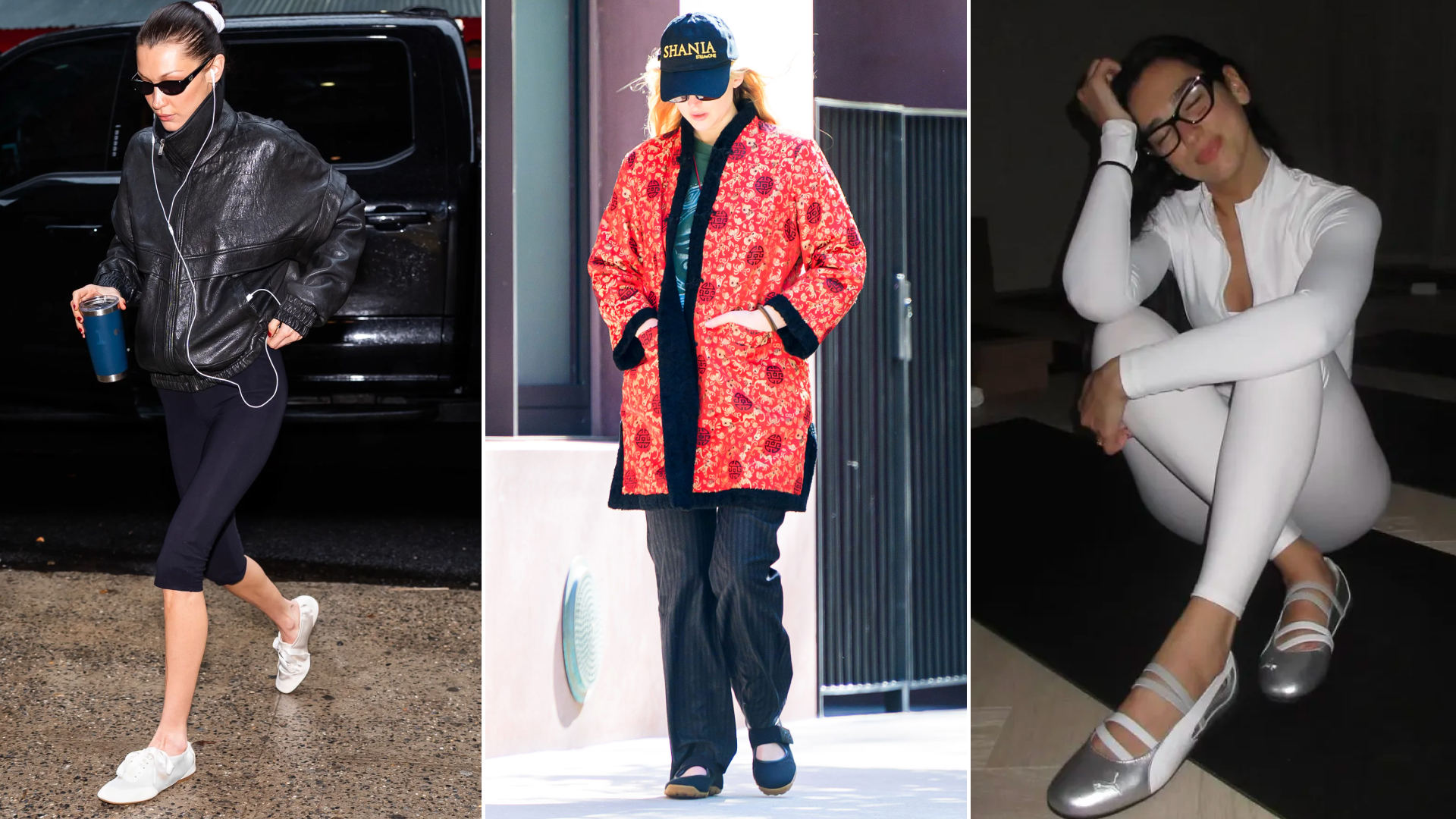 a collage of bella hadid, dua lipa, and jennifer lawrence wearing the ballet sneaker trend
