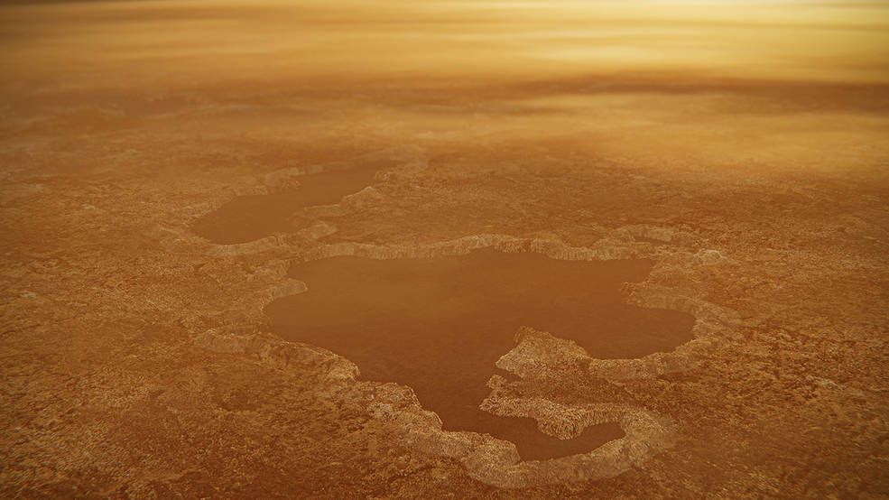 This artist&#039;s concept of a lake at the north pole of Saturn&#039;s moon Titan illustrates raised rims and rampartlike features such as those seen by NASA&#039;s Cassini spacecraft around the moon&#039;s Winnipeg Lacus.