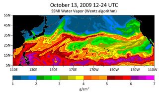 A river of moisture is seen stretching over the Pacific Ocean and ending at California.