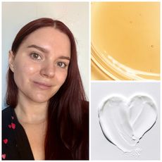 Collage of brooke knappenberger selfie with swatches of orange serum and moisturizer with white border 