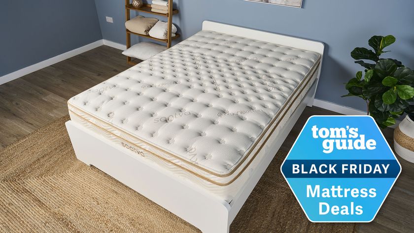 The Saatva Classic mattress in a bedroom with a Tom&#039;s Guide Black Friday Mattress Deals badge overlaid
