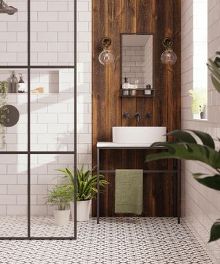 How to decorate a bathroom with crittal-style shower screen black bathroom mirror and white sink