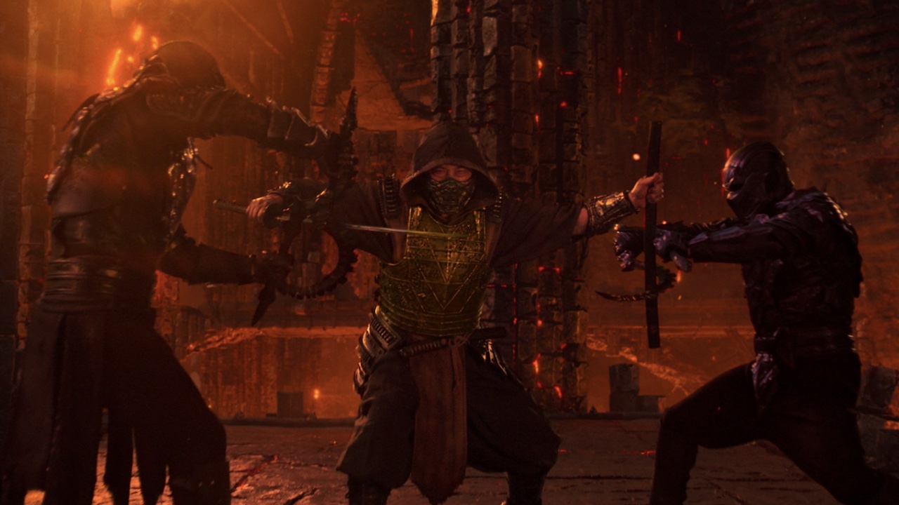 Scorpion battling Noob Saibot and his double in Mortal Kombat II. 