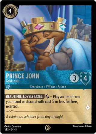 Prince John - Gold Lover card art showing Prince John lying in bed with piles of gold