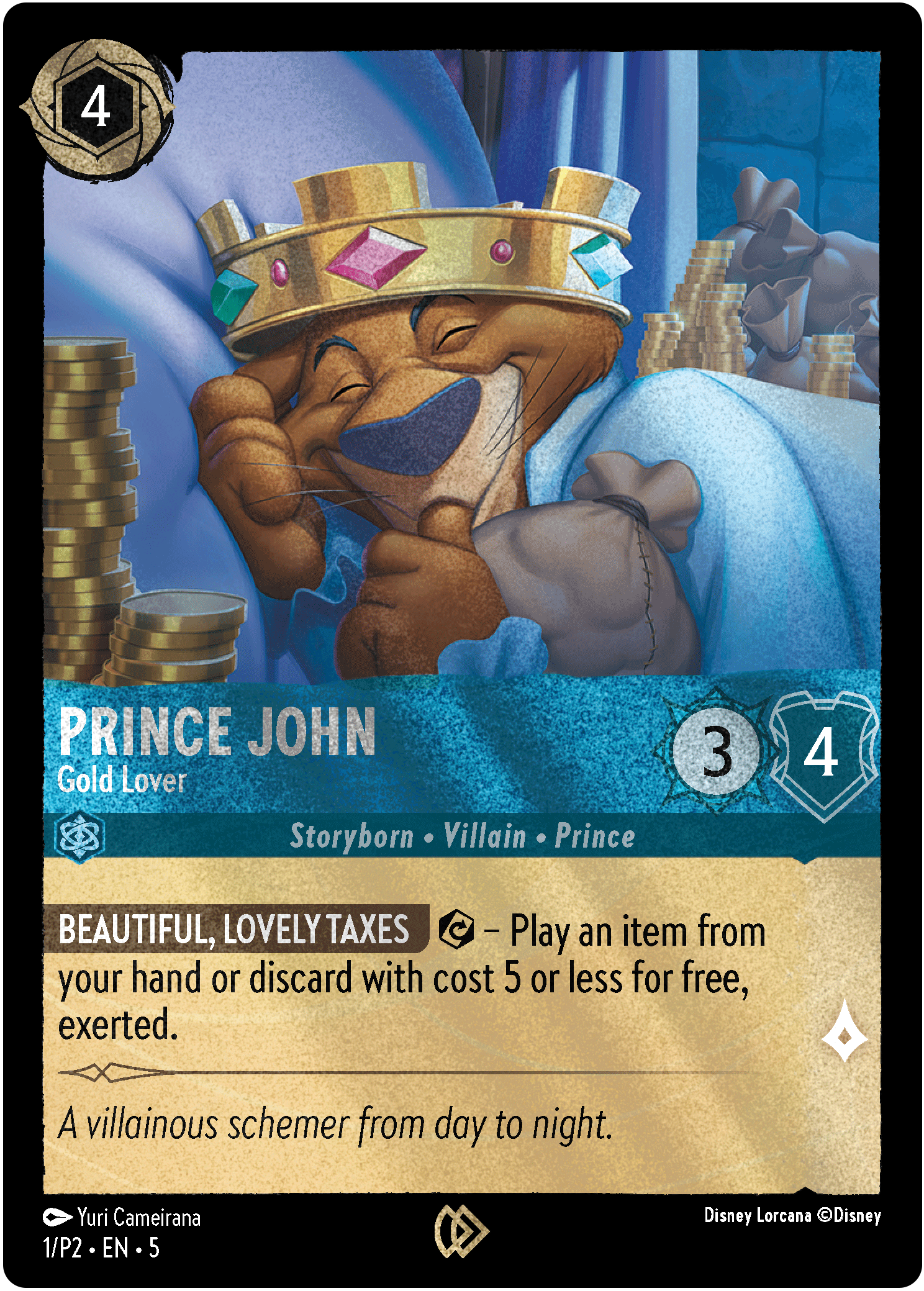 Prince John  - Gold Lover card art showing Prince John lying in bed with piles of gold