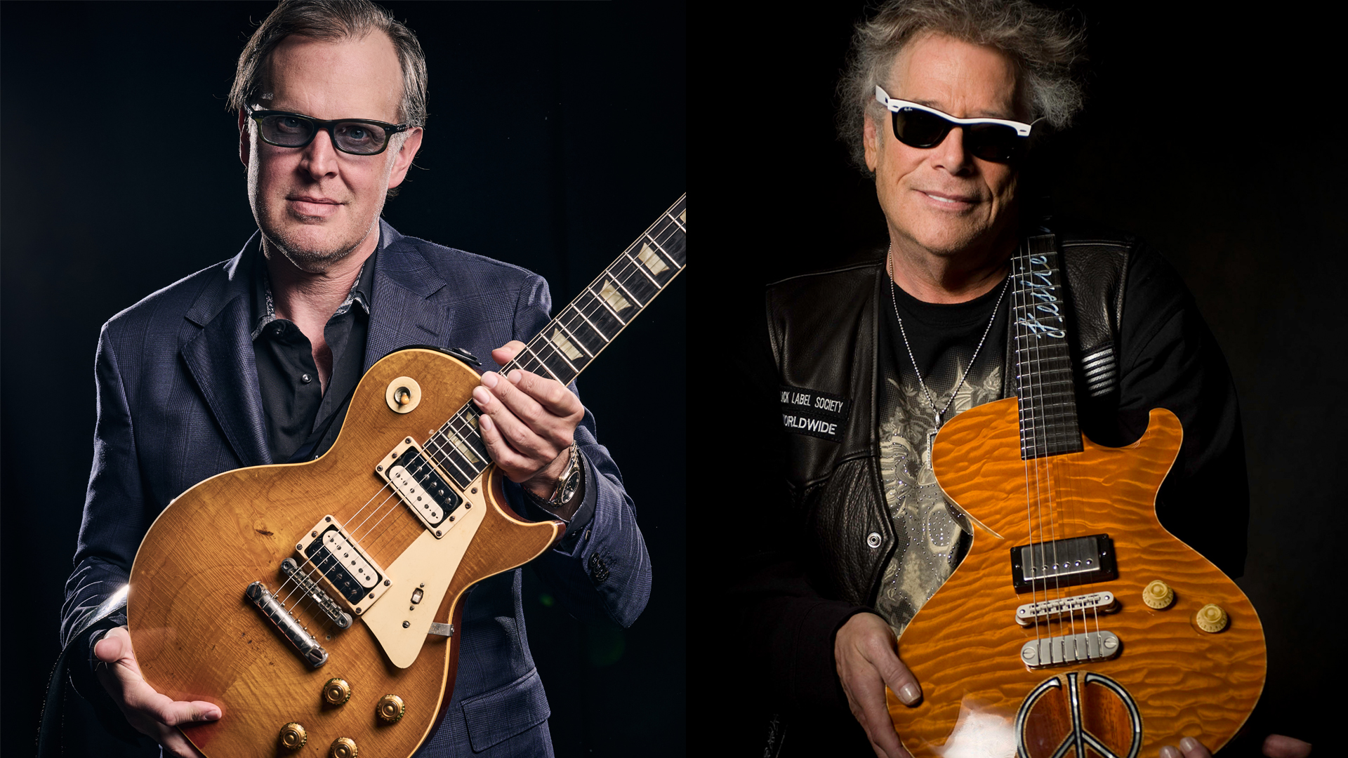 LEFT: Joe Bonamassa poses with a Les Paul Standard. RIGHT: Studio portrait of guitarist Leslie West, Chicago, Illinois, March 26, 2009.