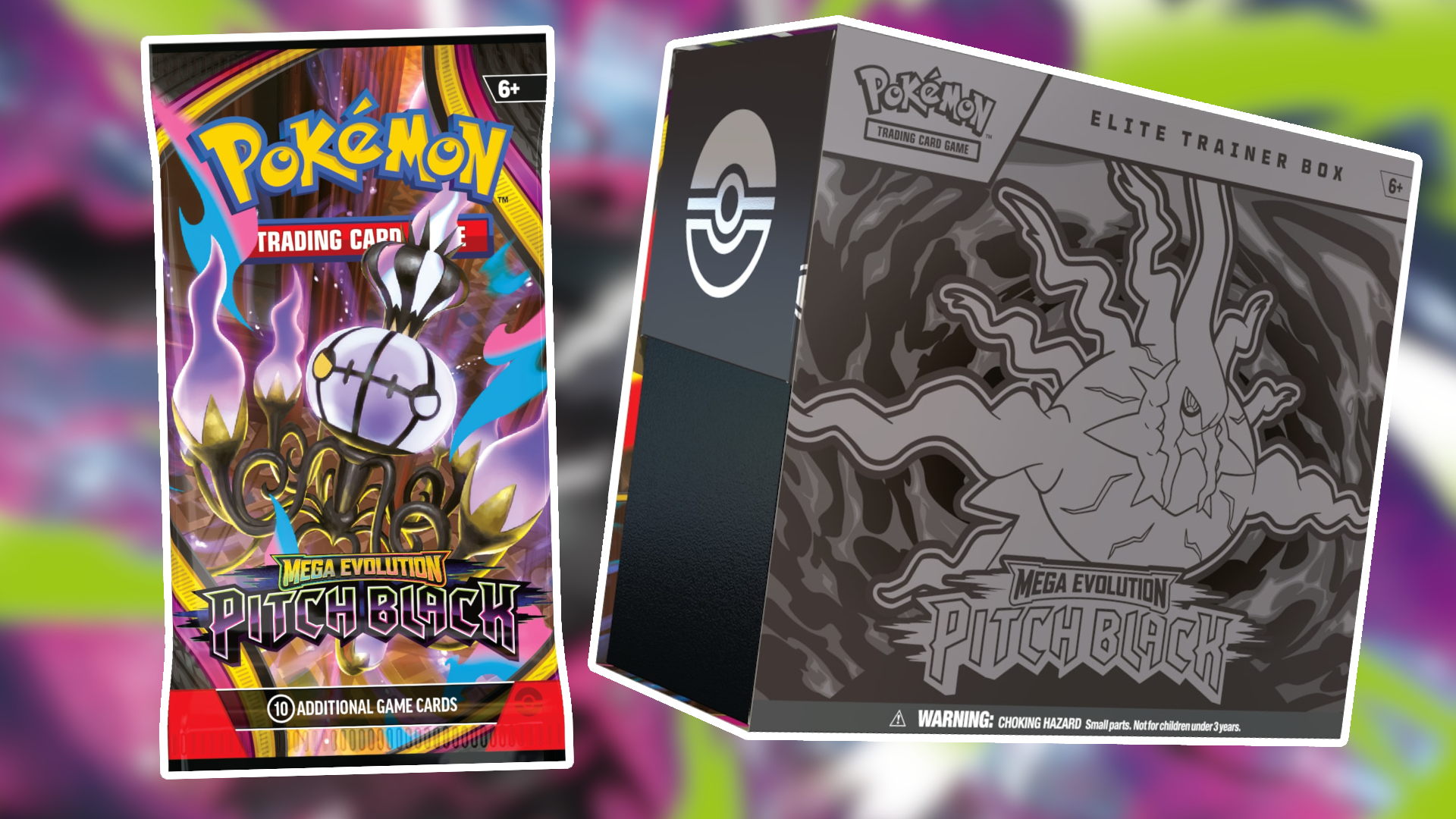 A Pitch Black booster pack and Elite Trainer box beside one another on a colorful purple and green background