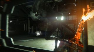 Image from the video game Alien: Isolation. It has a first person point of view. In the bottom right 'your' hand is holding a molotov cocktail (whiskey bottle with flaming rag stuff inside) with a bomb attached. It's about to be thrown at the big Alien in in front of you that's about to attack.
