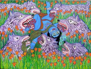 Amerikkka’, by Haley Hughes, 2017. A painting of a pack of wolves eating a blue man in tall grass.