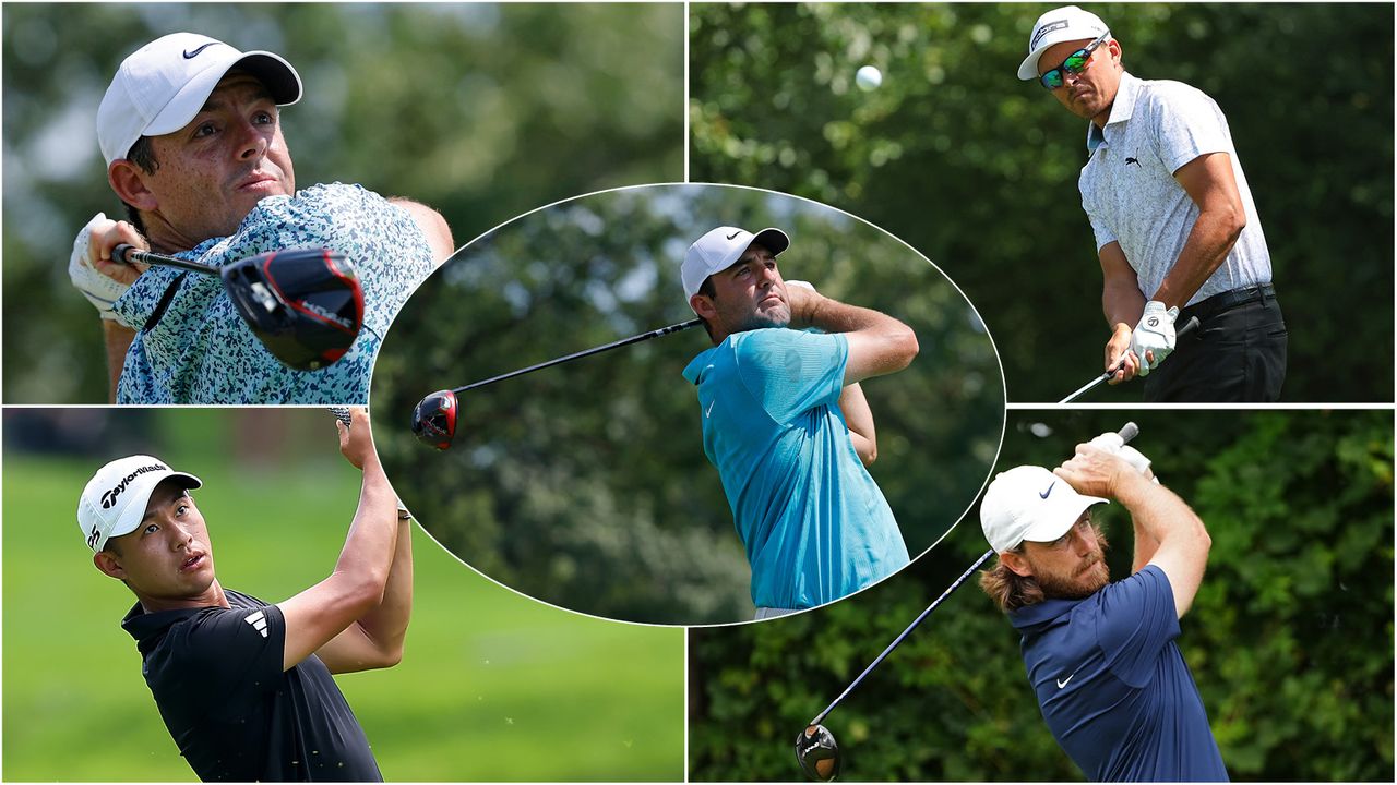 Five golfers in a montage, with Scottie Scheffler in the centre