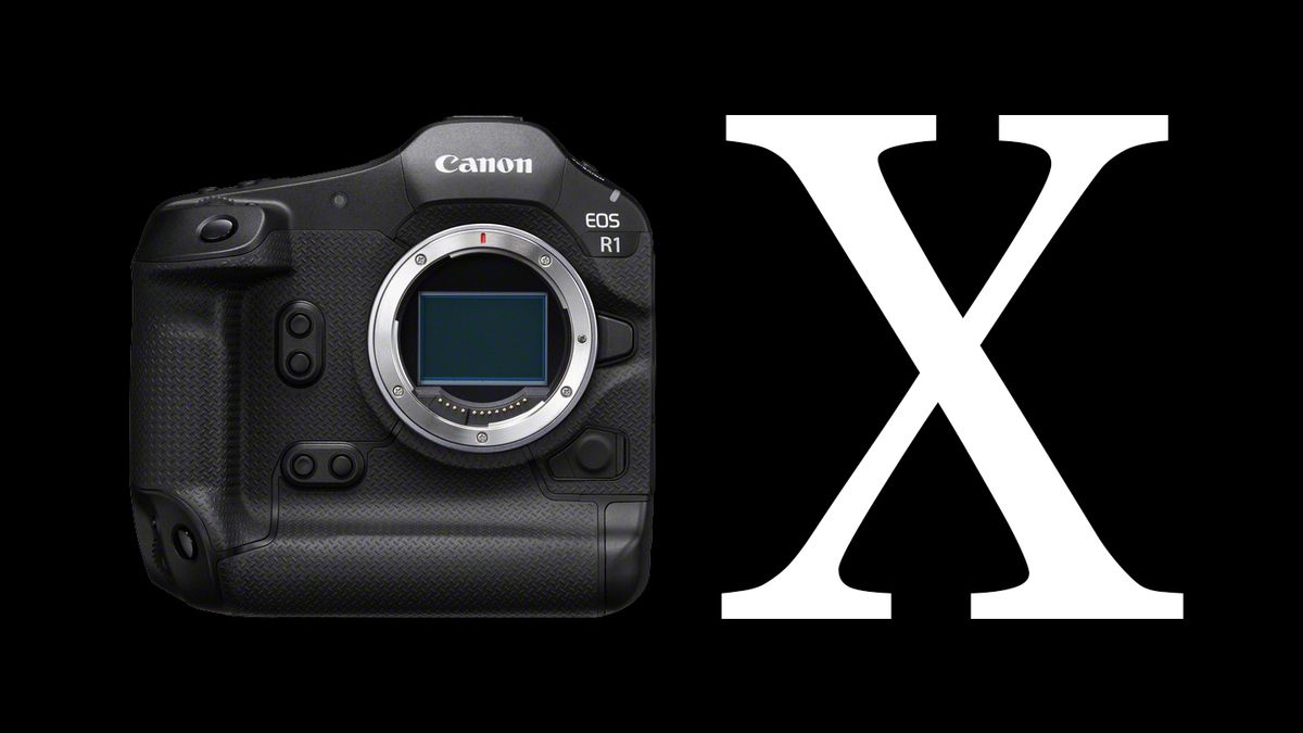 Canon EOS R1 camera, against a black background, with the Roman numeral &quot;X&quot;