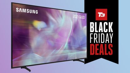 Samsung Q60A TV with sign saying Black Friday deals