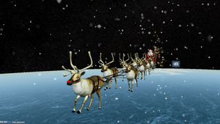 Santa with his reindeer led by rudolph in a computer generated image from the NORAD Santa Tracker web site