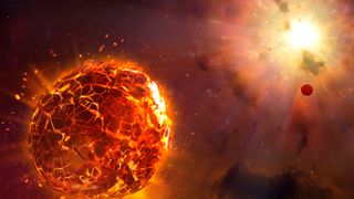 a star explodes in deep space, rendering a nearby planet to flaming gravel