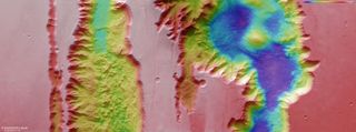 A color-coded topographic image of deep chasms on Mars.
