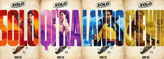 Four posters for Solo: A Star Wars Story, which features the characters inside the lettering of their names