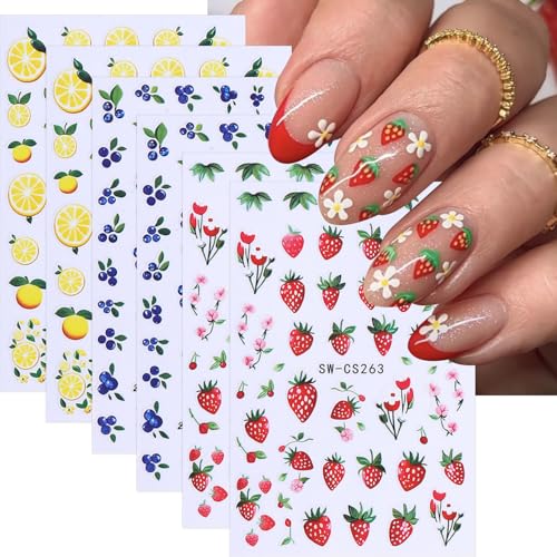 Fruit Nail Stickers Lemon Blueberries Strawberry Nail Decals 6pcs 3d Self - Adhesive Summer Nail Art Stickers Cute Fruit Nail Art Supplies for Women Diy Nail Decorations Accessories Charms