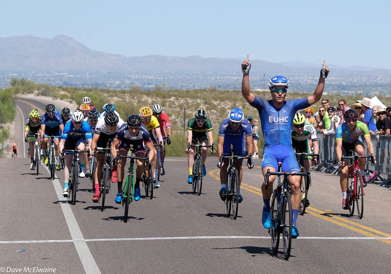 Travis McCabe (United Healthcare) easily won the uphill sprint to win the Circuit race and move into first place in GC