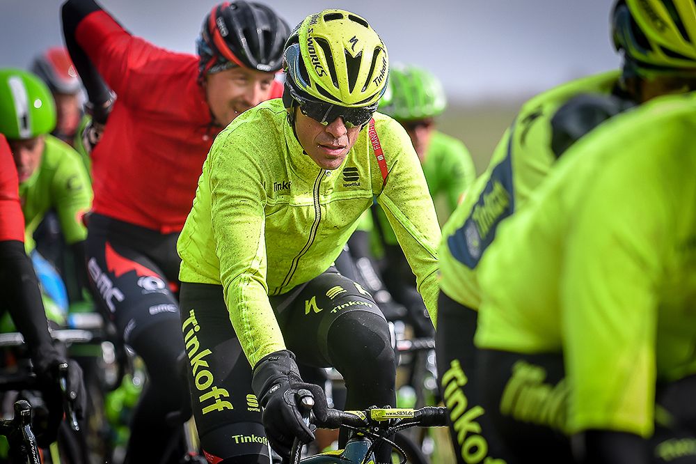 Alberto Contador is bundled up against the cold during stage 1 at Paris-Nice.