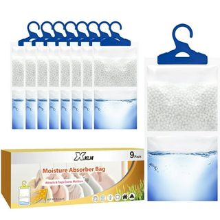 nine Moisture Absorber Packets with blue hangers and a graphic of the packaging 