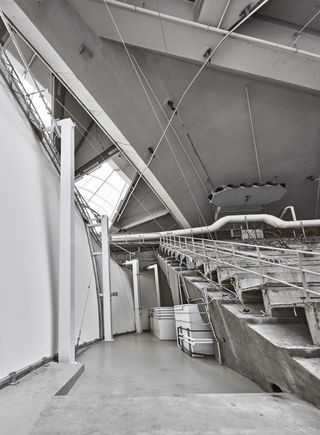 Montreal Biodome's grey stone auditorium, with white stone walls and metal support pillars frame the walls, with a small view of the window framed ceiling during the day