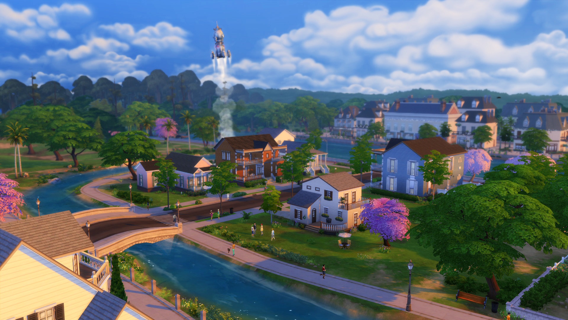 The Sims 4 neighborhood of Willow Creek. A residential area with houses and a river running under a bridge. A rocket is taking off in the distance.