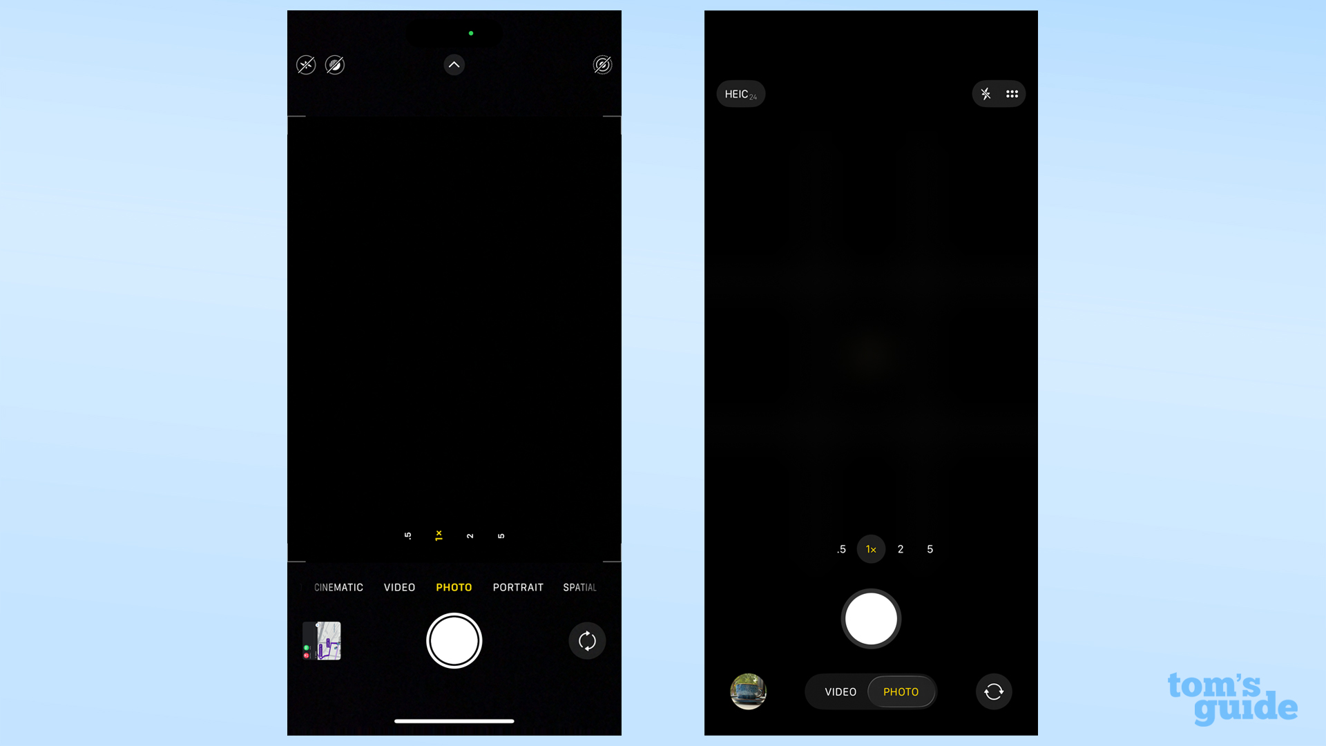 iOS 18's basic camera interface (left) compared to iOS 26's version