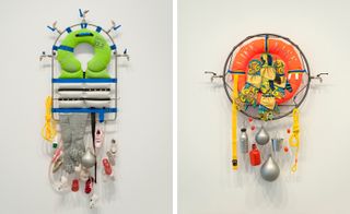 Two images. Left: Arch shaped ornament with various miniature items attached including a pair of gloves, a flotation device, a life jacket. Right: A circular shaped ornament with a dingy flotation device in its centre and various water weights hanging from it.