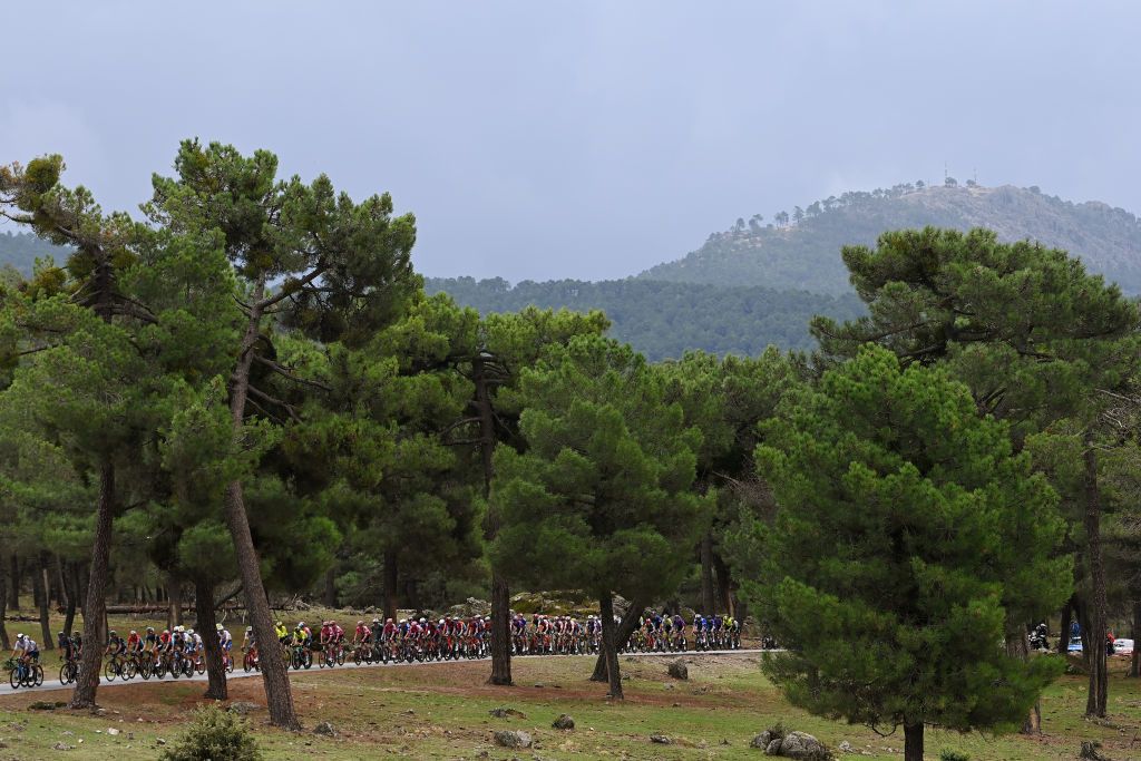 GUADARRAMA SPAIN SEPTEMBER 16 A general view of the peloton passing through a landscape during the 78th Tour of Spain 2023 Stage 20 a 2078km stage from Manzanares El Real to Guadarrama UCIWT on September 16 2023 in Guadarrama Spain Photo by Tim de WaeleGetty Images