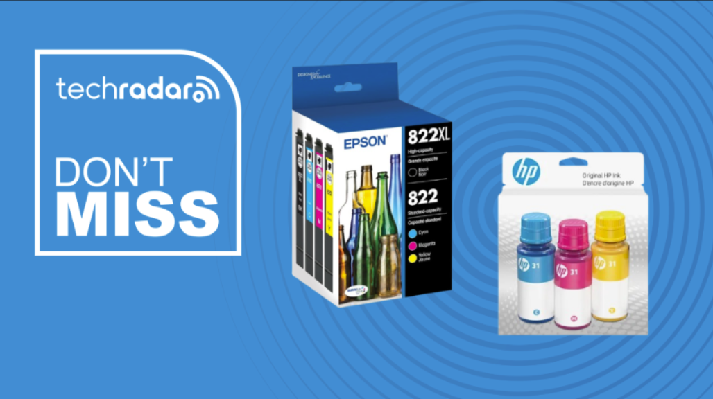 Printer ink on a blue background next to a TechRadar badge reading 'Don't Miss'