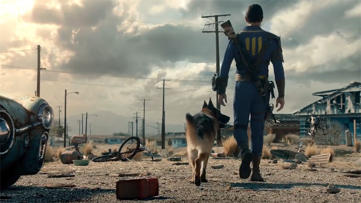 A character and a dog in Fallout 4.