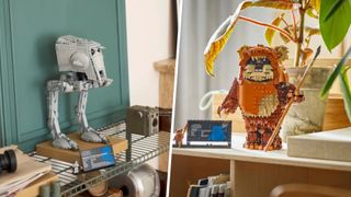 Lego AT-ST Walker and Wicket the Ewok sets on shelves, divided by a white line down the middle of the frame