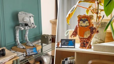 Lego AT-ST Walker and Wicket the Ewok sets on shelves, divided by a white line down the middle of the frame