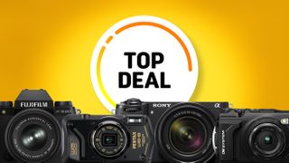 Image features four cameras: Fujifilm X-S20, Pentax WG-8, Sony A6700, and OM System TG-7, with "Top Deal" text on a bright yellow background