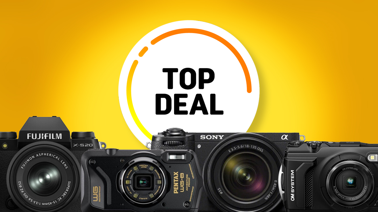 Image features four cameras: Fujifilm X-S20, Pentax WG-8, Sony A6700, and OM System TG-7, with &quot;Top Deal&quot; text on a bright yellow background
