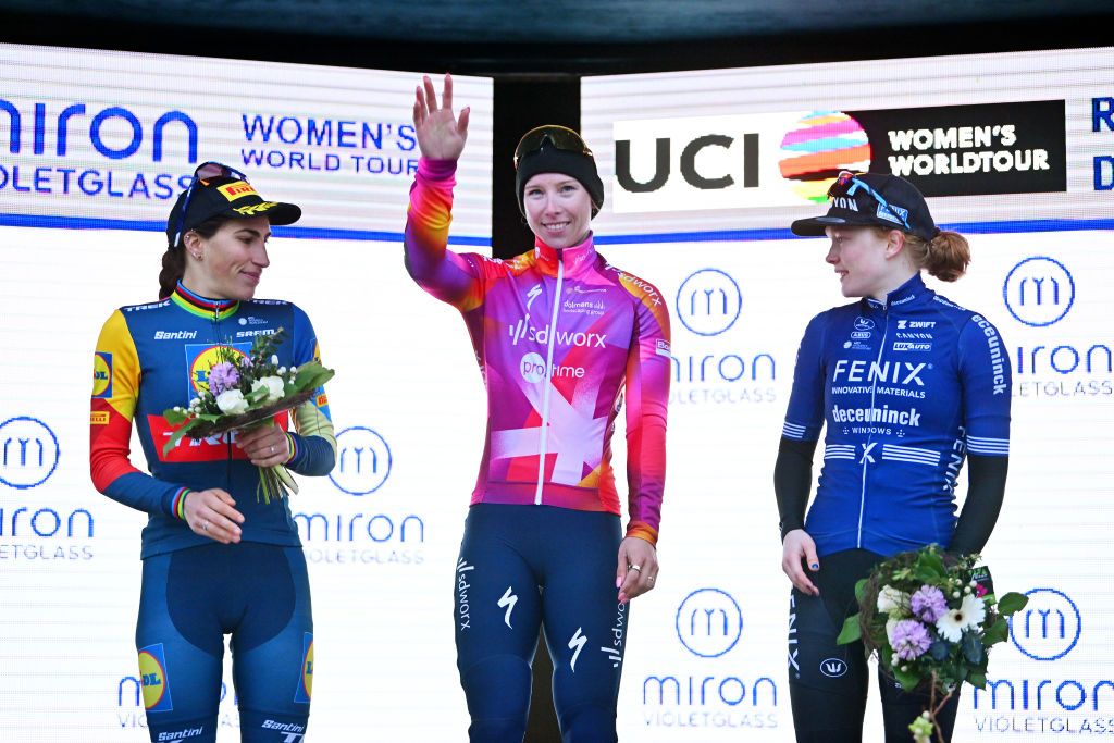 DRIJBER NETHERLANDS MARCH 10 LR Elisa Balsamo of Italy and Team Lidl Trek on second place race winner Lorena Wiebes of The Netherlands and Team SD Worx Protime and Puck Pieterse of The Netherlands and Team FenixDeceuninck on third place pose on the podium ceremony after the 17th Miron Womens WorldTour Ronde van Drenthe 2024 a 1581km one day race from Beilen to Drijber UCIWWT on March 10 2024 in Drijber Netherlands Photo by Luc ClaessenGetty Images