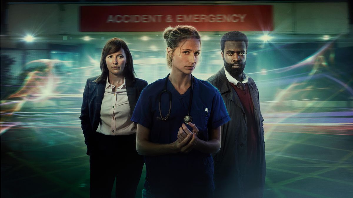 The Malpractice key art, featuring Dr Lucinda Edwards (Niamh Algar), Dr George Brewin (Jordan Kouame) and Dr Norma Callahan (Helen Behan)