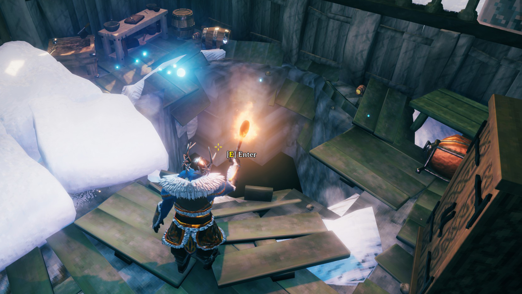 Viking holding torch over hole in floor