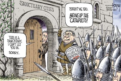 Political Cartoon U.S. Trump William Barr DOJ sanctuary cities castles medieval armies