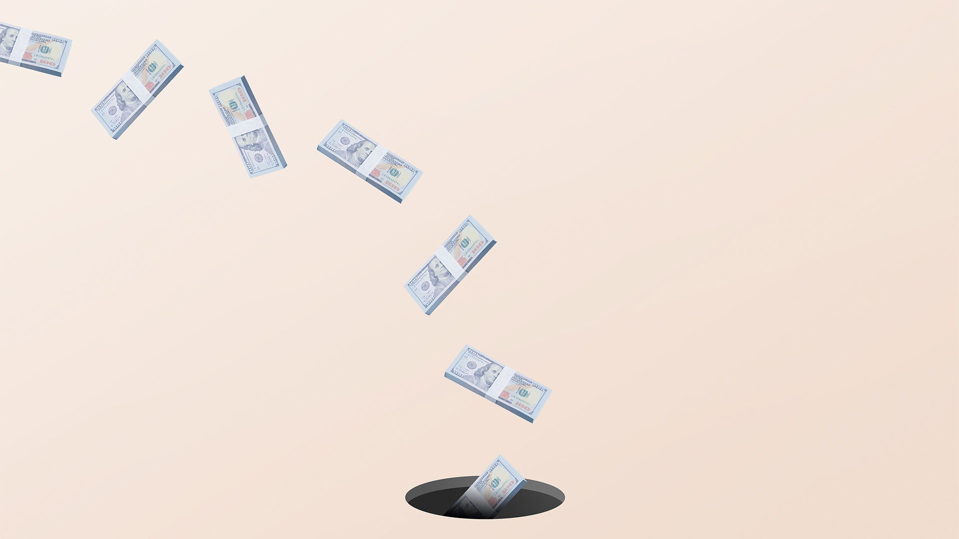 Cost management concept image showing stacks of dollar bills falling into a dark pit in the ground.