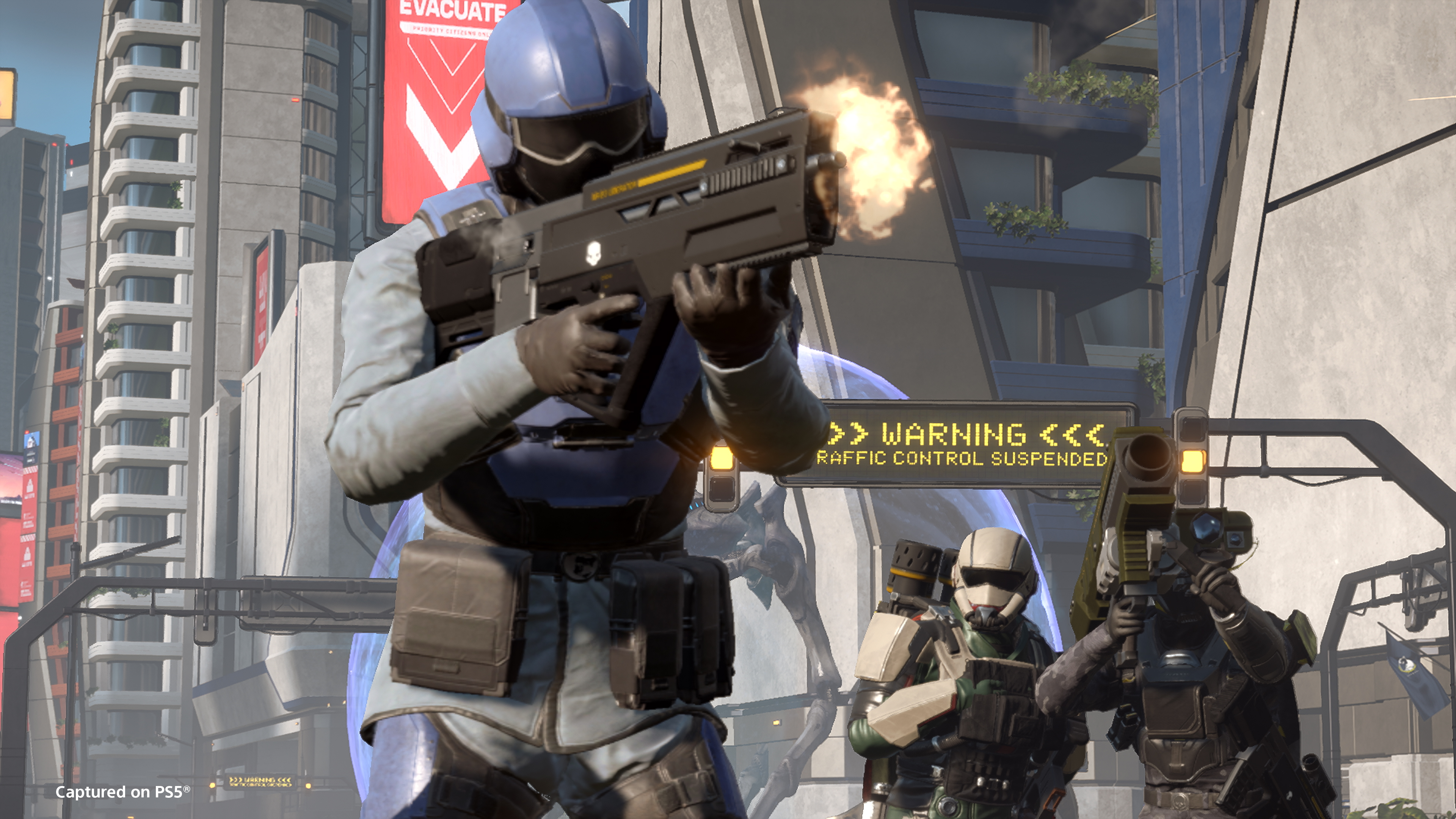 Super Earth defenders fighting Illuminate forces across a war-torn city in Helldivers 2