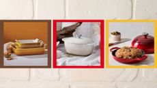 Three of the best Le Creuset deals on a tiled background - you can see their baking dishes, casserole, and bread baking dome