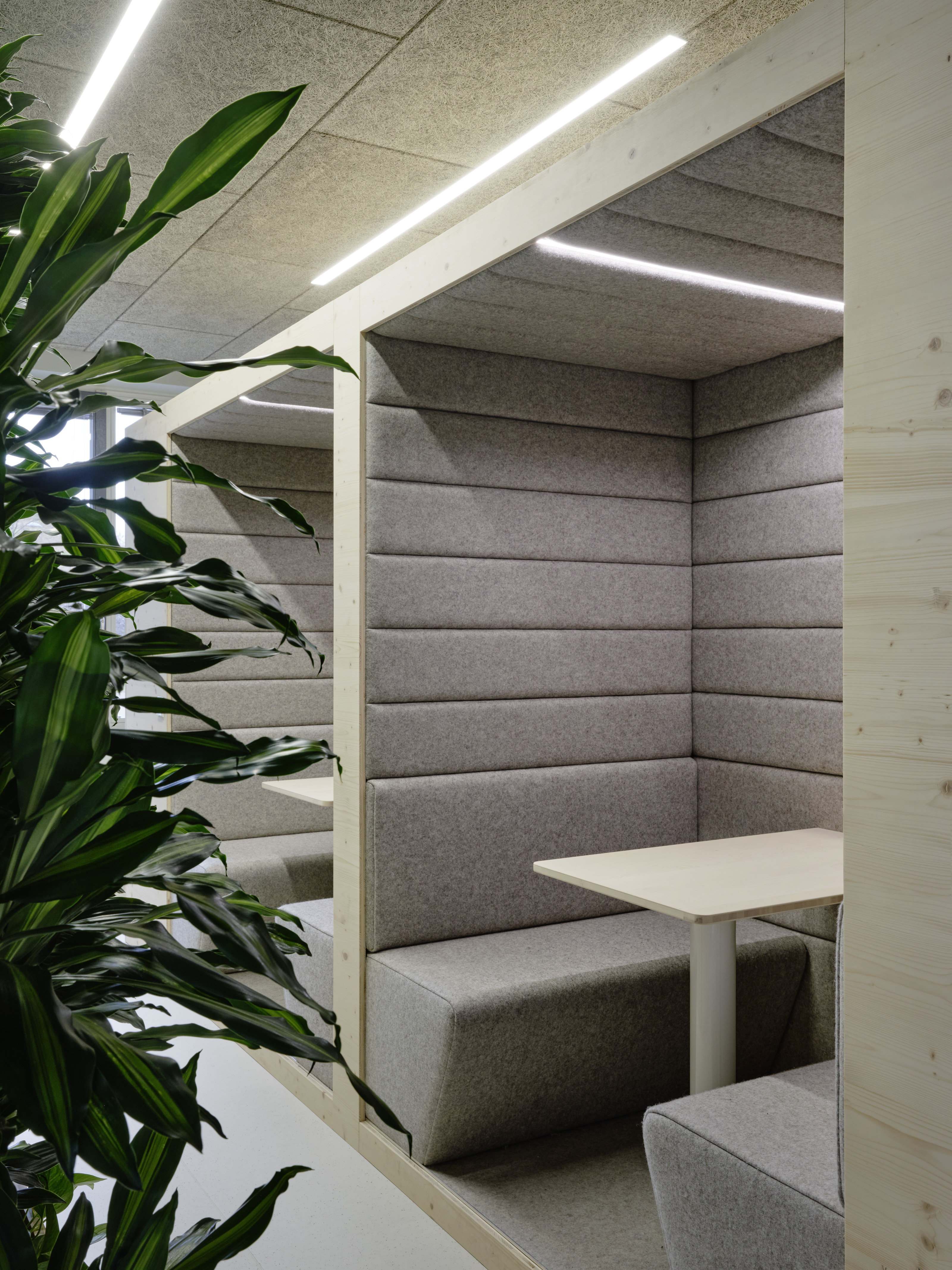 Booth seating is also provided alongside open-plan offices