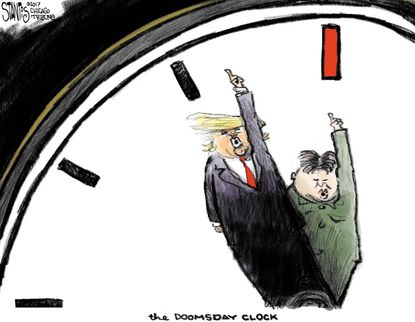 Political cartoon U.S. Trump Kim Jong-un nuclear threat doomsday clock