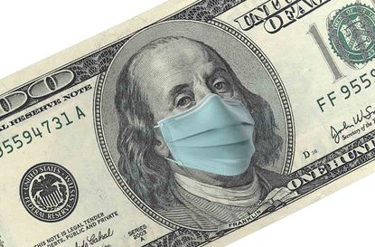 American One Hundred Dollar Bill with surgical mask. Protection from Coronavirus on economy. High resolution image for all crop sizes. White background.